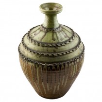 VASE-Celedon W/Brown Drip Design W/Narrow Neck