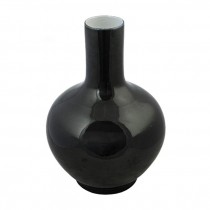 VASE-Black Glazed Ceramic W/Pot Belly & Straight Neck
