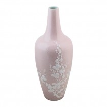 VASE-Tall Pink Glazed W/White Cherry Blossoms