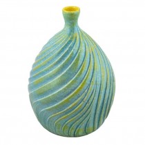 VASE-Glazed Ceramic-Aqua W/Yellow Accents/Swirl-Wave Design