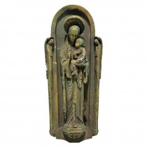 OUTDOOR PLAQUE-Distressed Madonna w|Angels Flanking Each End