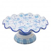 CAKE STAND-White W/Blue Flowers & Ruffled Edge