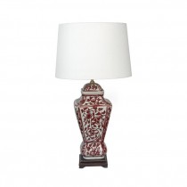 TABLE LAMP-Asian Red Floral Design W/Wooden Base