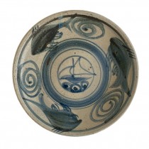 (09110006)PLATE-Blue & White Ceramic w|Fish & Swirl Patterns