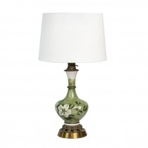 TABLE LAMP-Green Glass W/Hand Painted Florals & Brass Base