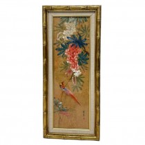 PRINT-LAF Cardinal w/Colorful Flowers-Bamboo Frame