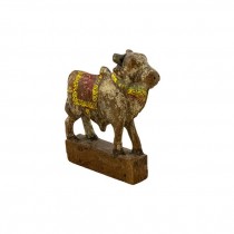 SCULPTURE-Carved Wooden Ox W/Yellow Reins