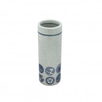 VASE-Blue & White Oriental Cylinder-Circular Symbols at Base