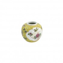 VASE-Round White & YellowAsian Design W/Bird & Flowers