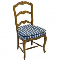Chair-Side Fruitwood Carved Flower/Blue & White Double Cushioned Seat