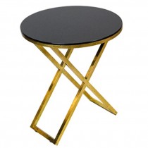 TABLE-Side-Round-Top Black Tempered Glass W/Gold X Base