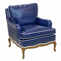 CLUB CHAIR-Navy Faux Leather W/White Piping/Wood Frame