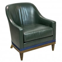 CLUB CHAIR-Green Leather W/Wood Base