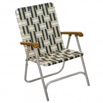 LAWN CHAIR-White & Green Plaid W/Silver Frame & Wood Arm Rests