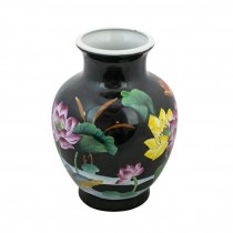 VASE-Urn Shaped/Black Glazed Ceramic W/Lilipads & Pink Flowers