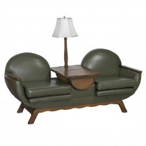BARREL BENCH-(2) Green Leather Chairs W/Attached Table Lamp
