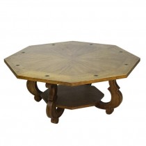 COFFEE TABLE-Octagon Shape Fruitwood W/8 Inset Brass Flowers