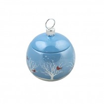 BOWL W/LID-Blue Christmas Ornament W/Cardinals & White Trees