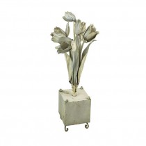 SCULPTURE-Distressed White Metal Tulips W/Square Base