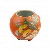 VASE-Orange Globe w/Painted Flowers-Small Ear Handles