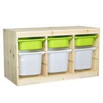 TOY CHEST-Natural Wood W/Green & White Plastic Bins