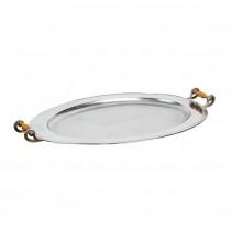SERVING TRAY-Oval Silvertone W/Turned Wood Handle