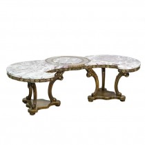 COFFEE TABLE- Boomerang Shape W/Marble Top & Ornate Wood Carved Base