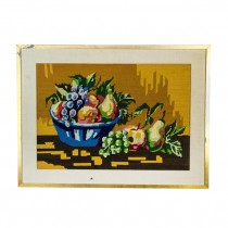 NEEDLEPOINT-Blue Fruit Basket w/Fruits on Side