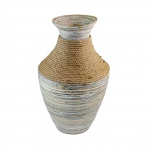 VASE-Tall W/Grey & Tan Horizontal Stripes.