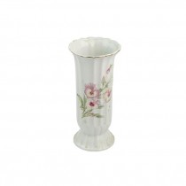 VASE-White Vertical Ribbed w/Pink Flowers