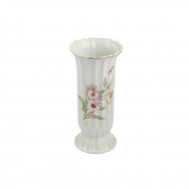 VASE-White Vertical Ribbed w/Pink Flowers