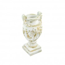 VASE-White Washed Urn W/Relief Design & Square Base