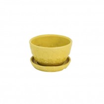 PLANTER-Yellow Ceramic w/ Relief Flower Design & Saucer Attached