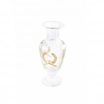 VASE-Clear Glass Urn W/Ribbed Neck & Gold Laurel Leaf Crest