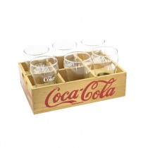 COCA-COLA GLASS CADDY-Wooden w/Handles & (6) Coca-Cola Glasses