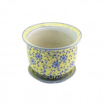 PLANTER-Vintage Oriental Yellow & Blue Floral w/Saucer