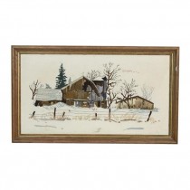 FRAMED CREWEL EMBROIDERY-Barn in Snow Scene