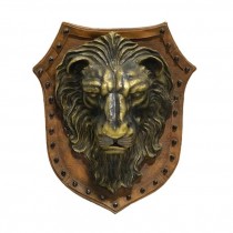 COAT OF ARMS-Brass Lion Plaque W/Leather & Nail Heads