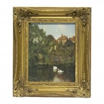 OIL PAINTING-Landscape w/(2) Swans-Gold Ornate Frame