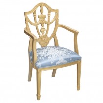 ARM CHAIR-Dining Gold Wheat Frame W/Blue & White Upholstery