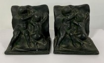 BOOKEND-Two Boys "Pushing Book Open" Black Metal-(Pair)