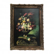 XL PAINTING-Still Life Floral in Vase W/Red & Yellow Flowers-Ornate Frame