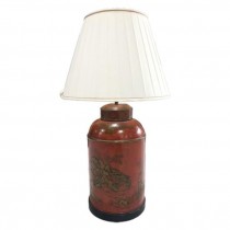 TEA CANISTER LAMP-Red W/Embossed Chinoiserie Scene