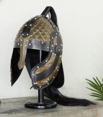 SCULPTURE-Vintage Black Iron Spartan Helmet W/Stand