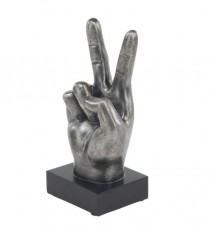 SCULPTURE-PEACE HAND-Faux Metal Dark Silver Finish W/Black Base