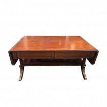 COFFEE TABLE-Mahogany Inlay Edge W/Under Shelf-Fluted Legs & Brass Feet