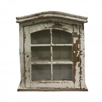 CABINET-Distressed White Wall Shelf w/Window Panels