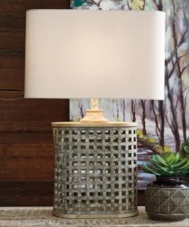 TABLE LAMP-Galvanized Metal Basket W/Wood Accents