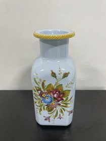 VASE-Sq Blue Vase w/Painted Flowers