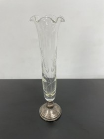 VASE-Thin Glass w/Flowers Etched & Chrome Footed Base